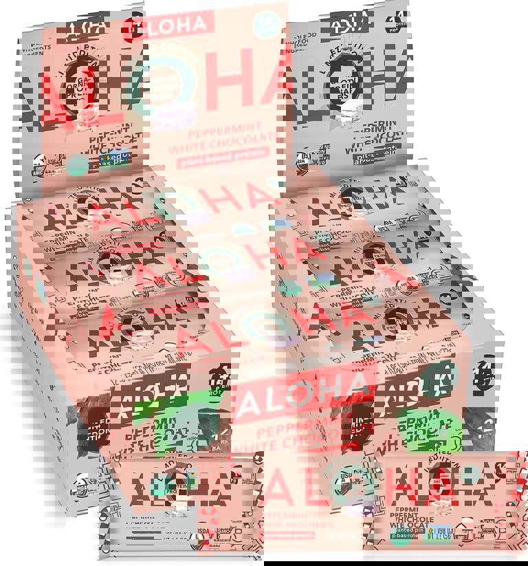 ALOHA Organic Plant Based Protein Bars - Peppermint White Chocolate , Vegan, Low Sugar, Gluten-Free, Paleo, Low Carb, Non-GMO, No Stevia, No Erythritol - LIMITED EDITION, 12 Count (Pack of 1)