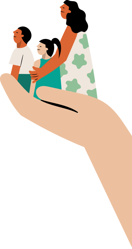 Illustration of three people standing on a large open hand.