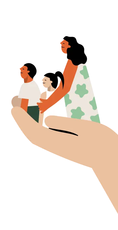 Illustrated hand holding a group of people in a supportive manner.