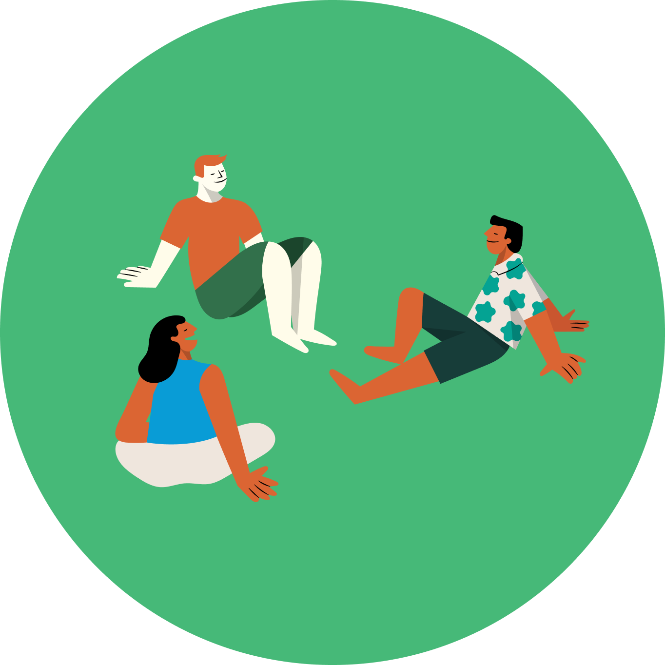 Illustration of three people sitting on grass, smiling and relaxing.