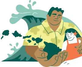 A smiling man and child holding green maps with ocean waves behind.